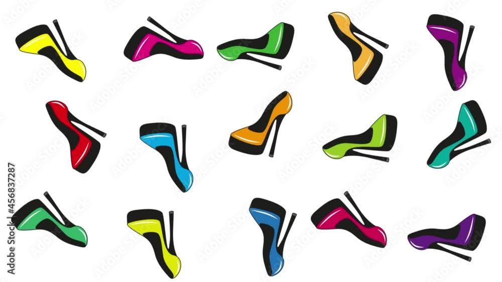 Colorful high heeled fashionable shoes spinning around on white background. Seamless looping hd animation. Colorful high heeled fashionable shoes spinning around on white background. Seamless looping hd animation.