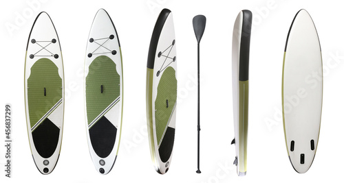 Photo Collage of sup board with paddle on white background
