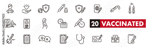 Set of Coronavirus and Vaccine line icons, covid19, Medical mask, health, contagious, epidemic, outbreak, Vector