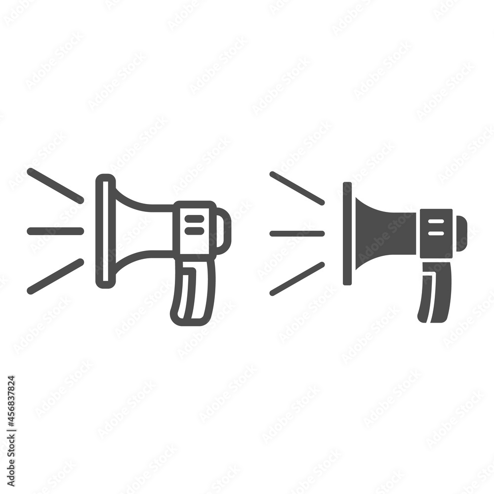Loudspeaker, sound lines, loud speaker line and solid icon, acoustic concept, megaphone vector sign on white background, outline style icon for mobile concept and web design. Vector graphics. Loudspeaker, sound lines, loud speaker line and solid icon, acoustic concept, megaphone vector sign on white background, outline style icon for mobile concept and web design. Vector graphics.