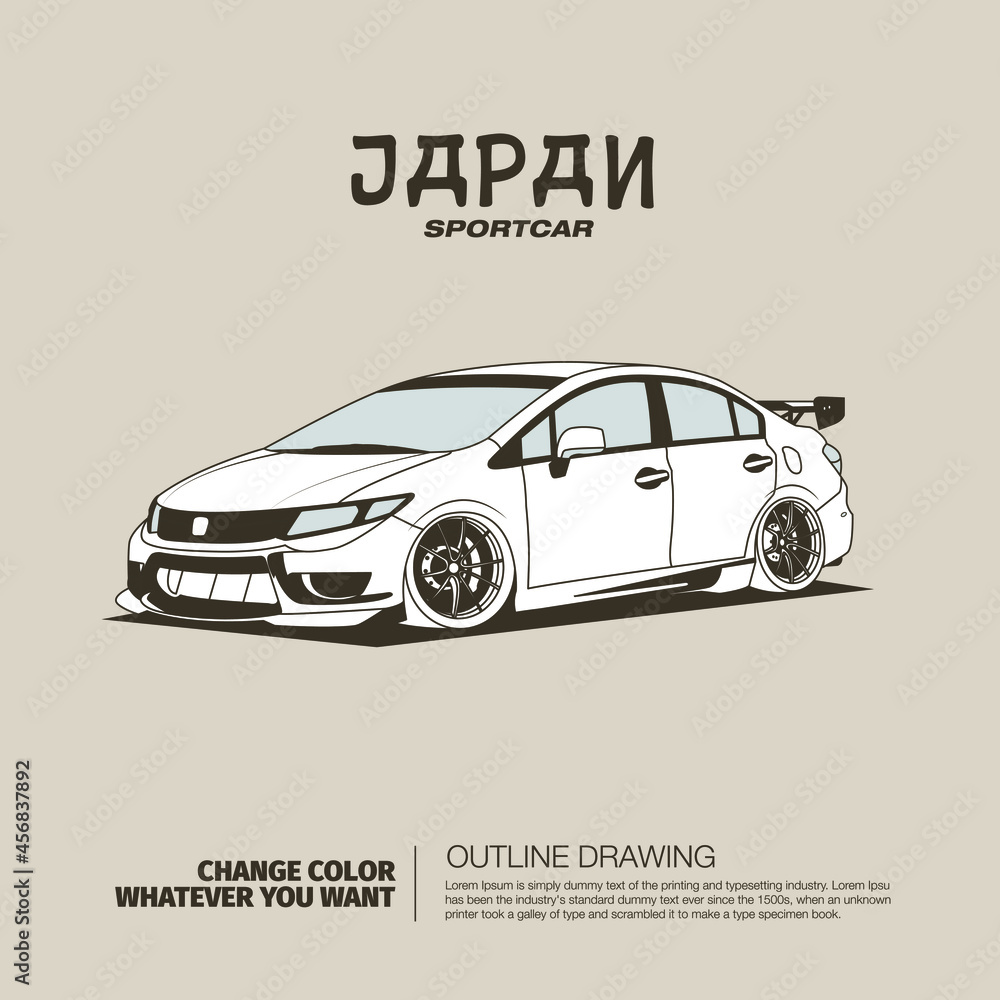 Modern sporty hatchback car outline drawing vector illustration.