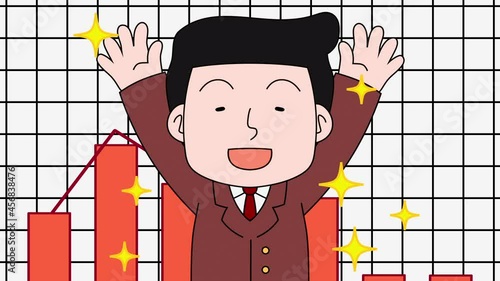 成績・業績が伸びて大喜びするビジネスマンのアニメーション 棒グラフ
