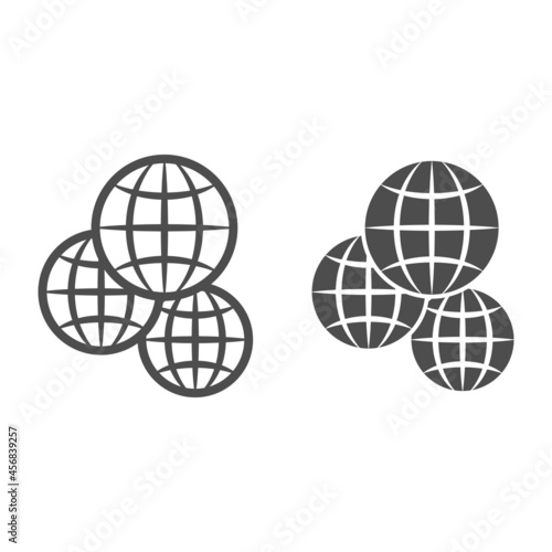 Three globes  multicultural  worldwide line and solid icon  international concept  exchange vector sign on white background  outline style icon for mobile concept and web design. Vector graphics.