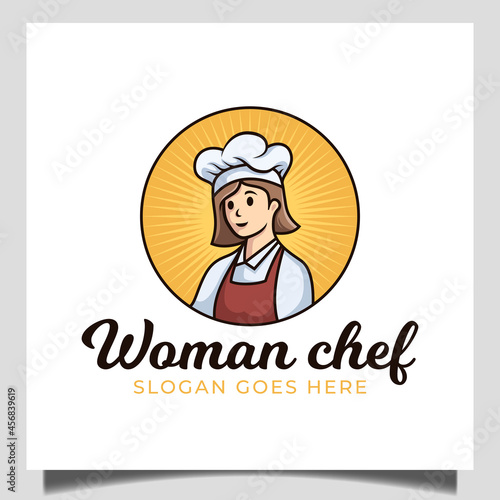 flat design of female chef, bakery mascot cooking for restaurant food with badge emblem style business logo
