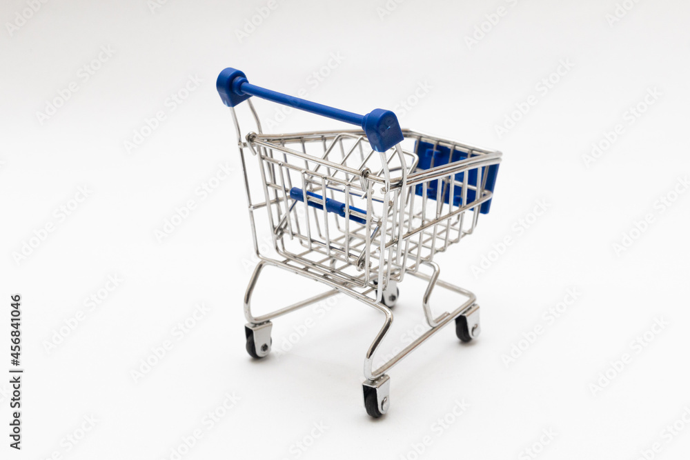 shopping cart with blue handle isolated on a white background