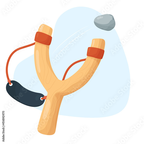 Wooden slingshot with stone. Illustration isolated on white background.