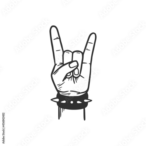 Rock and roll hand. Hand drawn doodle sketch style. Drawing black line music arm for rock, punk, metall sign. Isolated vector illustration.