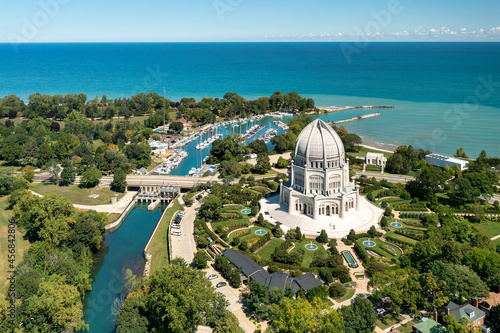 Aerial view of the Baha’i Temple, Wilmette Harbor and the Lake Michigan Shoreline during a beautiful summer day. photo