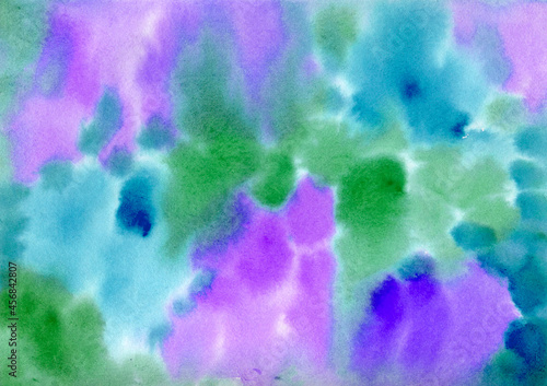 Multicolored watercolor hand drawn abstract Background. Blue, green, lilac, violet and purple colorful Spots and Splashes Blobs texture. Multicolor mottled Backdrop of Spot for packaging and web