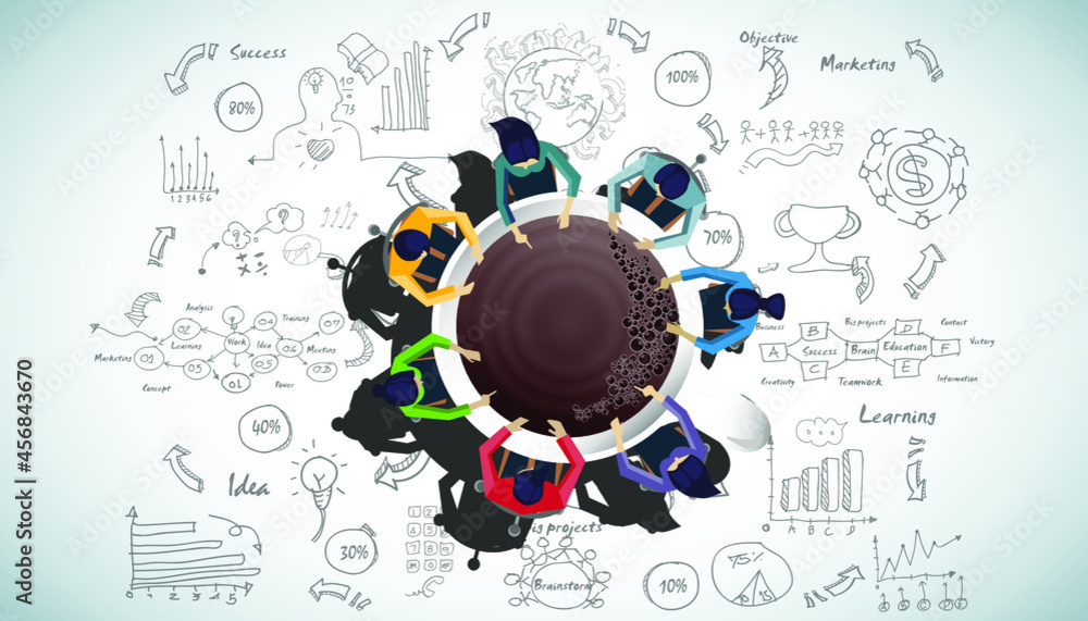 Obraz premium Businessman and woman brainstorm success with Coffee cup, plan,think,search,analyze,communicate, futuristic idea innovation technology modern.vector