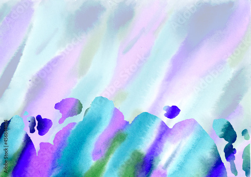 Multicolored watercolor Stains hand drawn abstract Background. Blue, green, lilac, violet and purple diagonal Stain colorful Spots and Splashes Blobs texture. top light and bottom dark Backgrounds