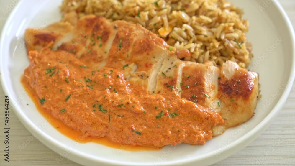 grilled chicken steak with red curry sauce and rice - muslim food style grilled chicken steak with red curry sauce and rice - muslim food style