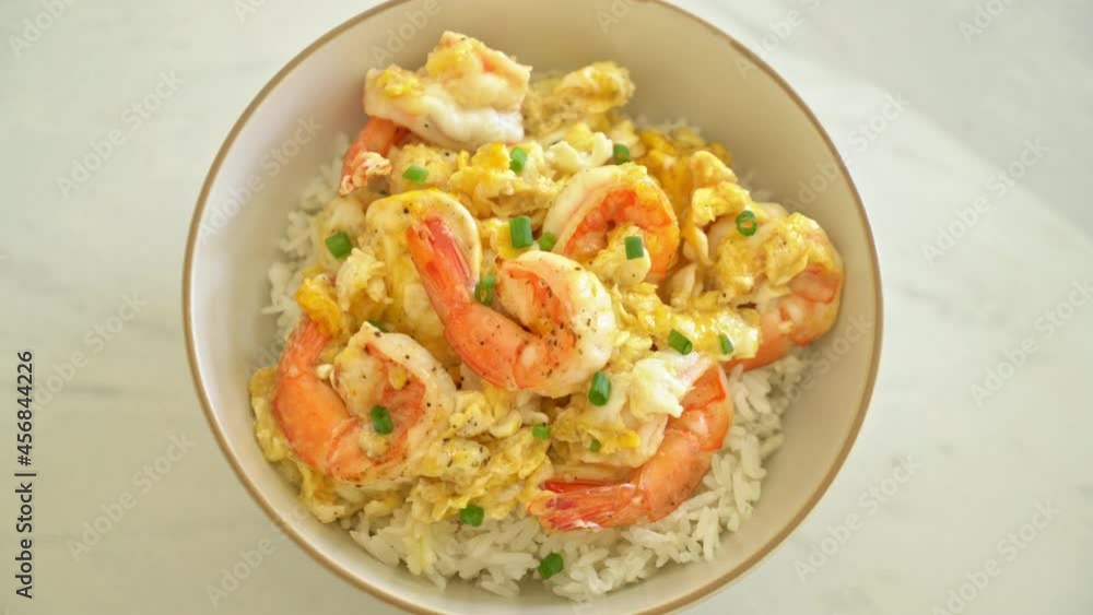 homemade creamy omelet with shrimps rice bowl homemade creamy omelet with shrimps rice bowl