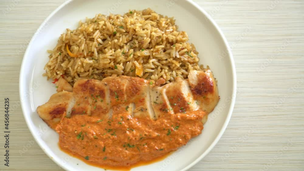 grilled chicken steak with red curry sauce and rice - muslim food style grilled chicken steak with red curry sauce and rice - muslim food style