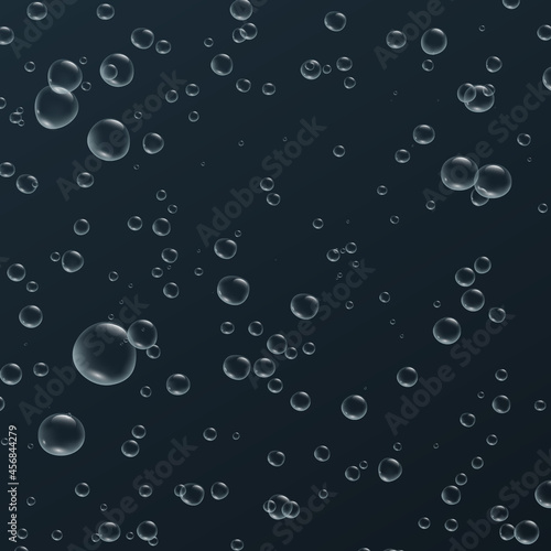 Transparent fizzy bubbles. Sparkles champagne. Fizzy pop and effervescent drink. Abstract fresh soda and air bubbles, oxygen, champagne crystal. Vector illustration on black background.