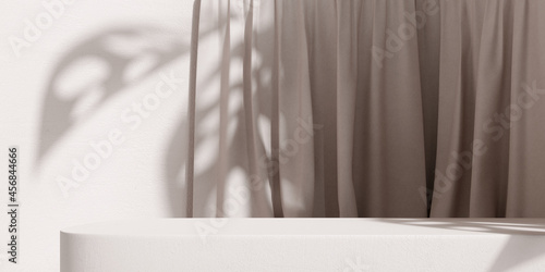 Product display podium stand with shadow nature leaves on brown curtain background. 3D rendering
