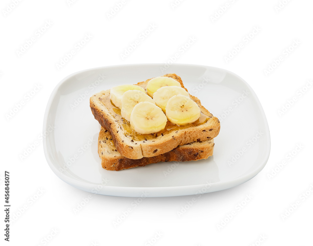 Plate with tasty toasted bread with bananas and honey on white background Plate with tasty toasted bread with bananas and honey on white background