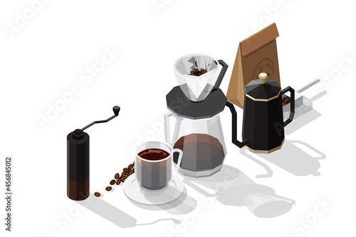 Isometric vector illustration set of coffee preparation consisting of Coffee beans in paper bag coffee cup on a white plate and kettle filter cup and manual grinder isolated on white backgrounds