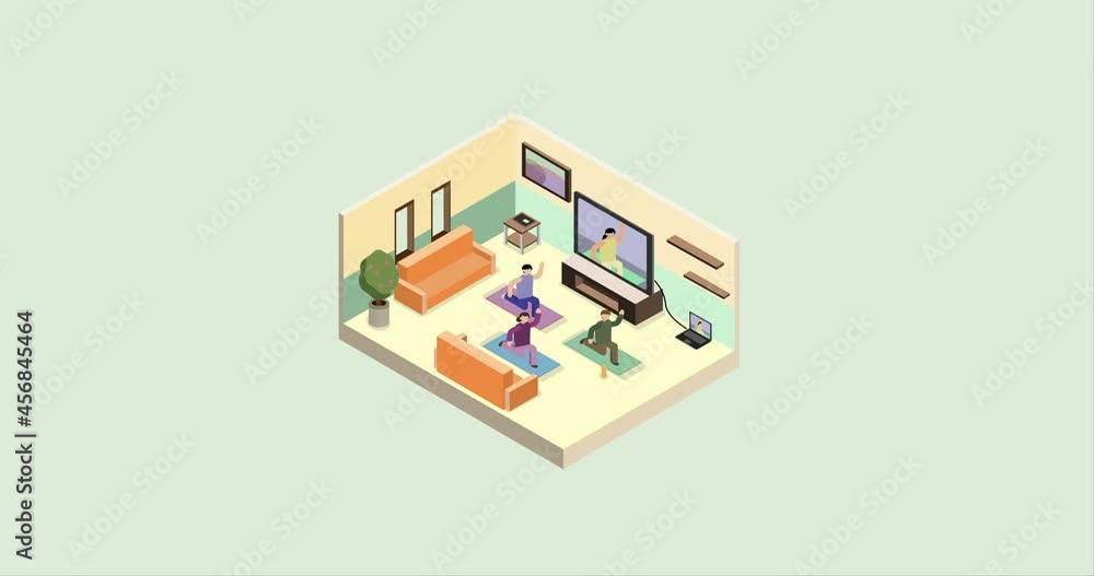 Home exercise isometric. Post covid with protective mask. Animation. Home exercise isometric. Post covid with protective mask. Animation.