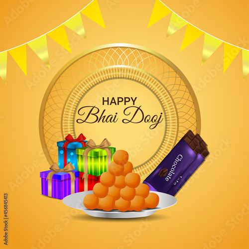 Happy bhai dooj invitation greeting card, with pooja thali and sweet
