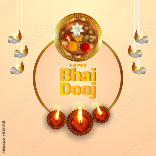 vector illustration of Indian family celebrating Bhai Dooj with creative pooja thali and diya