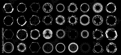 Futuristic HUD circle big collection. Sci-fi digital circle shapes with UI, GUI, Web design. Abstract HUD elements. Flat geometric collection. Futuristic User Elements. Vector FUI set