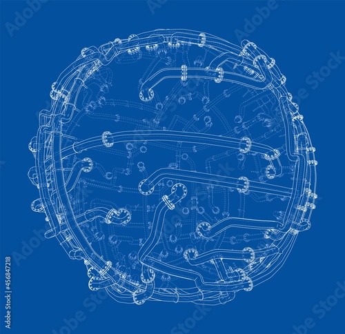 Pipes with flanges around a large sphere. Vector