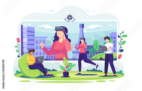 A virtual tour showing the girl on a video call with her coworkers
