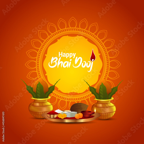 Laxami puja thali of happy bhai dooj greeting card with vector kalash