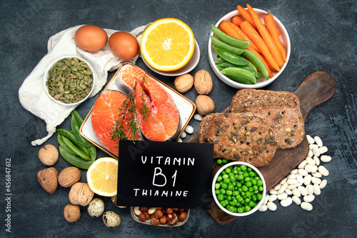 Food high in vitamin B1 on dark background.
