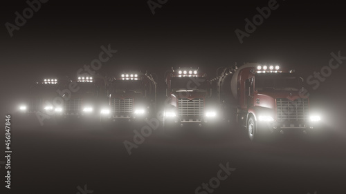 Front View of a Fuel Tanker Truck Convoy with Red Cabins in the Dark 3D Rendering
