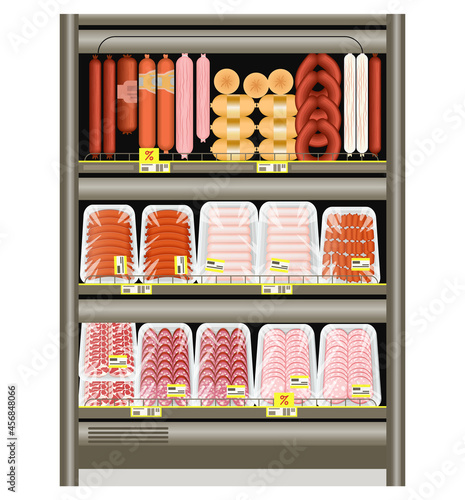 Sausage and frankfurters on the store counter in the refrigerator. Selling meat products in a tray. Vector illustration.