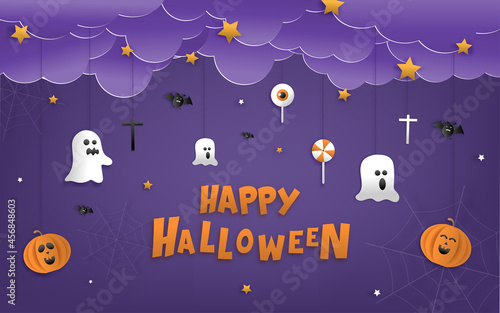 Happy Halloween greeting banner or party invitation with night clouds, pumpkins, bats, and cute ghosts, vampires on a violet background. Paper cut and papercraft style.Vector illustration.