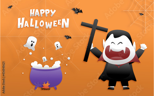 Happy Halloween greeting banner or party invitation with night clouds, pumpkins, bats, and cute ghosts, vampires on a violet background. Paper cut and papercraft style.Vector illustration.