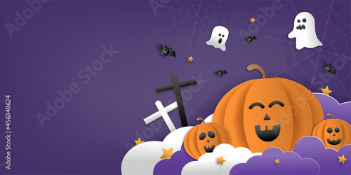 Happy Halloween greeting banner or party invitation with night clouds, pumpkins, bats, and cute ghosts, vampires on a violet background. Paper cut and papercraft style.Vector illustration.