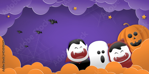 Happy Halloween greeting banner or party invitation with night clouds, pumpkins, bats, and cute ghosts, vampires on a violet background. Paper cut and papercraft style.Vector illustration.