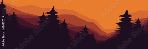 sunset in mountain forest flat design vector banner template good for web banner, ads banner, tourism banner, wallpaper, background template, and adventure design backdrop