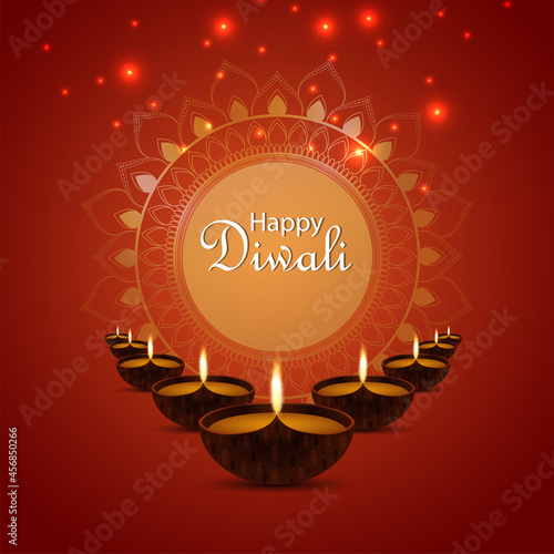 Happy diwali festival of light invitation greeting card with creative diwali diya oil lamp