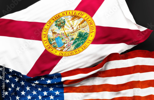 Flag of Florida along with a flag of the United States of America as a symbol of unity between them, 3d illustration