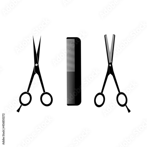 The silhouette of simple hairdressing and milling scissors with a comb with small and medium-sized teeth on a white background.