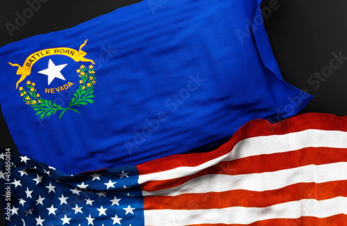 Flag of Nevada along with a flag of the United States of America as a symbol of unity between them, 3d illustration