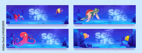 Sea life posters with funny fish, octopus and turtle characters under water in ocean. Vector banners with cartoon illustration of undersea landscape with cute wild marine animals