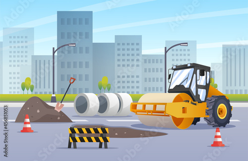 Steamroller compactor asphalting highway construction in urban city illustration © YG Studio