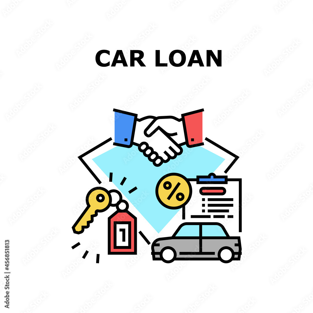 Naklejka premium Car Loan Agreement Vector Icon Concept. Car Loan Agreement Signing Salesman And Client, Buying Automobile Successful Deal And Giving Key. Bank Credit For Buy Transport Color Illustration