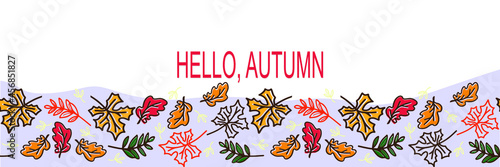 Hello autumne banner with fall leaves on violet background
 photo