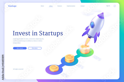 Crowdfunding isometric landing page, startup rocket launching from golden coins runway. Innovative or creative business ideas investment and fundraising, opportunities development 3d vector web banner
