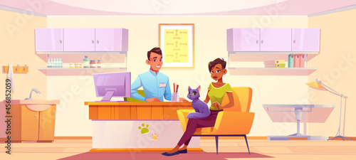 Customer with cat visit vet clinic for medical aid and exam pet. Vector cartoon illustration of veterinarian doctor and woman with kitten in medical office in animal hospital