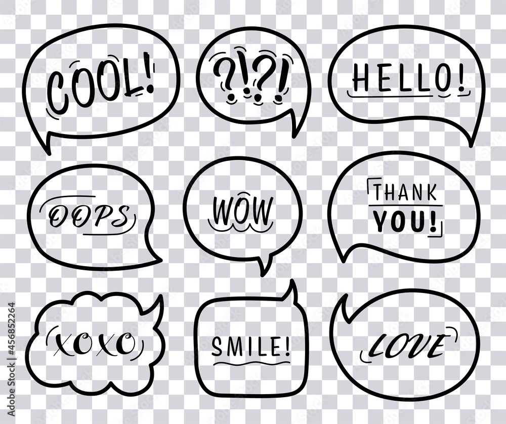 Obraz premium Speech bubble set with conversation phrases and words isolated on transparent background. Vector illustration.