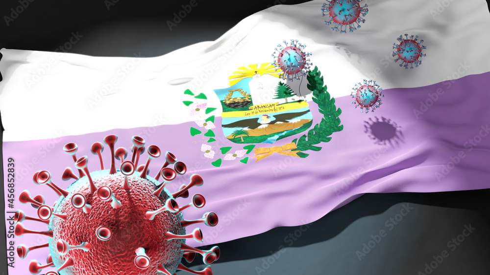Covid in Abancay - coronavirus attacking a city flag of Abancay as a symbol of a fight and struggle with the virus pandemic in this city, 3d illustration