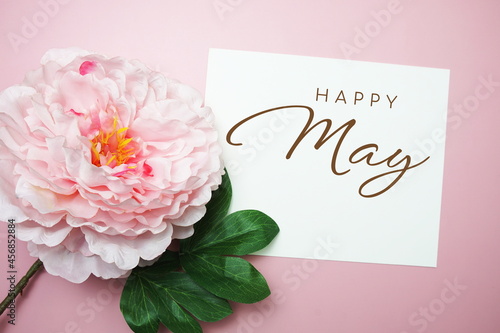 Happy May typography text with flowers on pink background